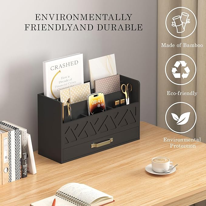 Bamboo Mail Organizer Countertop Wood Desk Organizer Drawer Tabletop Storage Box Letter Sorter Makeup Organizer for School Home Office Supplies Black