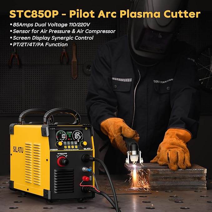 SILATU 85Amps Plasma Cutter, Large LED Display, Non-Touch Pilot Arc, Air Sensor Technology, 110/220V Dual Voltage IGBT Inverter Plasma Cutter Machine, 1'' Clean Cutting Thickness for Beginners DIY