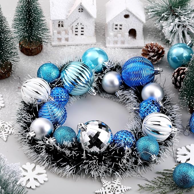 64 Pcs Winter Ball Ornaments Silver Blue Ornament for Tree 1.6/1.97/2.4 Inch Shatterproof Glitter Matt Xmas Baubles Assorted Size Winter Wonderland Ornament Decoration for Christmas Tree Party