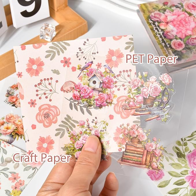 Snycler Scrapbooking Supplies, Vintage Journaling - 25 Sheets PET & 25 Sheets Paper Stickers, DIY Craft Stickers for Junk Journals, Ephemera Sticker Book, Pink Flower Themes, Pre-Cut Designs