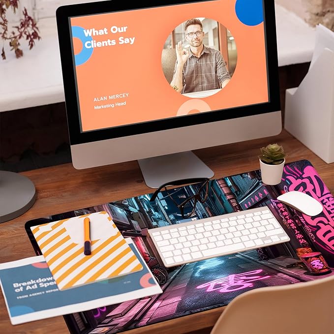 Desk Pad, Anime City Street Scene Desk Mat, Pink Neon Street Large Gaming Mouse Pad for Desk, 31.5"x15.7" Extended Big Computer Keyboard Mouse Pad with Non-Slip Base and Stitched Edge