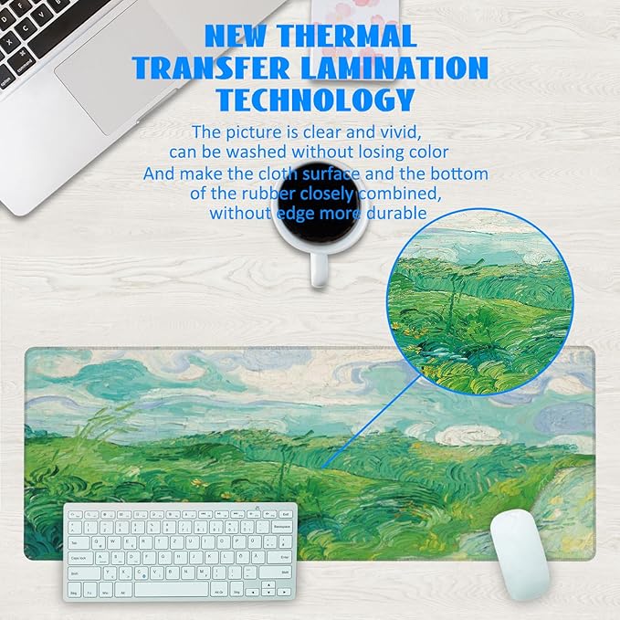 Desk Mat, Field Landscape Oil Painting Extended Gaming Mouse Pad Large, 31.5"x11.8" Big Mouse Pad with Non-Slip Base and Stitched Edge, Long Computer Keyboard Mouse Mat for Home Office Work