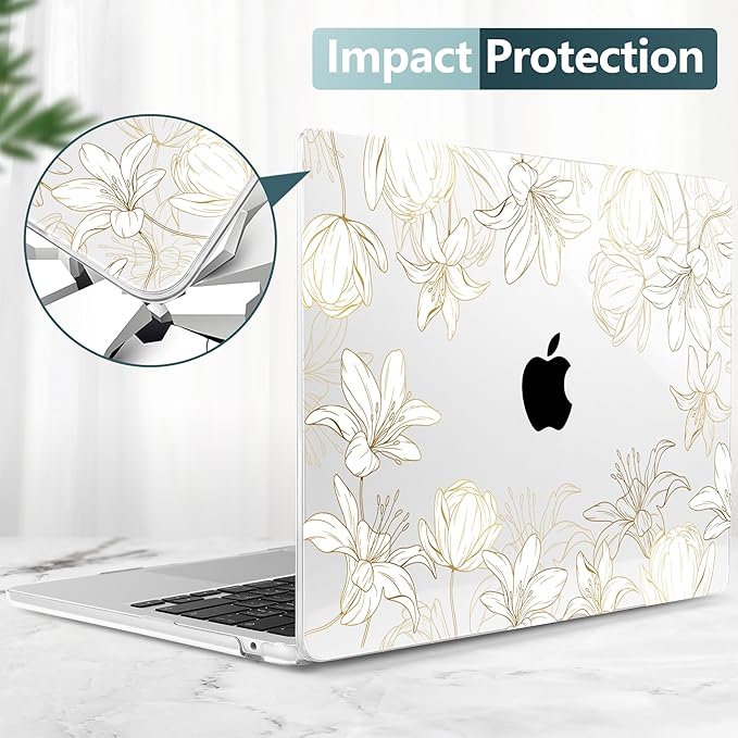 DONGKE Compatible with M4 MacBook Air 15 inch Case 2025 2024 2023 A3241 A3114 A2941 M3 M2 Liquid Retina Display Touch ID, Plastic Hard Case & Keyboard Skin & Screen Protector - Golden Floral