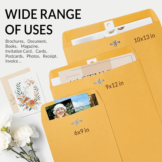 SUNEE Envelops, 10"x13" Brown Kraft Envelopes with Clasp Closure, 28-lb Paper Mailing Envelopes, 20 Count, Great for Filing, Storing or Mailing Documents