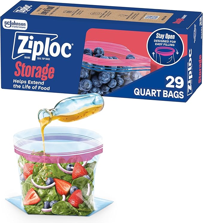Ziploc Quart Food Storage Bags, Stay Open Design with Stand-Up Bottom, Easy to Fill, 29 Count (Packaging May Vary)