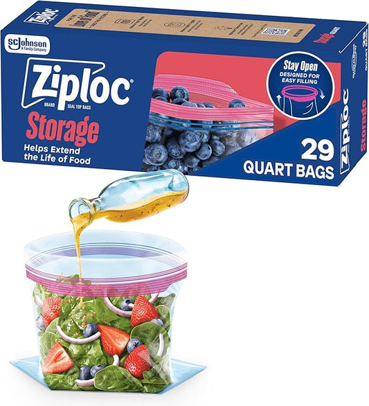 Ziploc Quart Food Storage Bags, Stay Open Design with Stand-Up Bottom, Easy to Fill, 29 Count (Packaging May Vary)