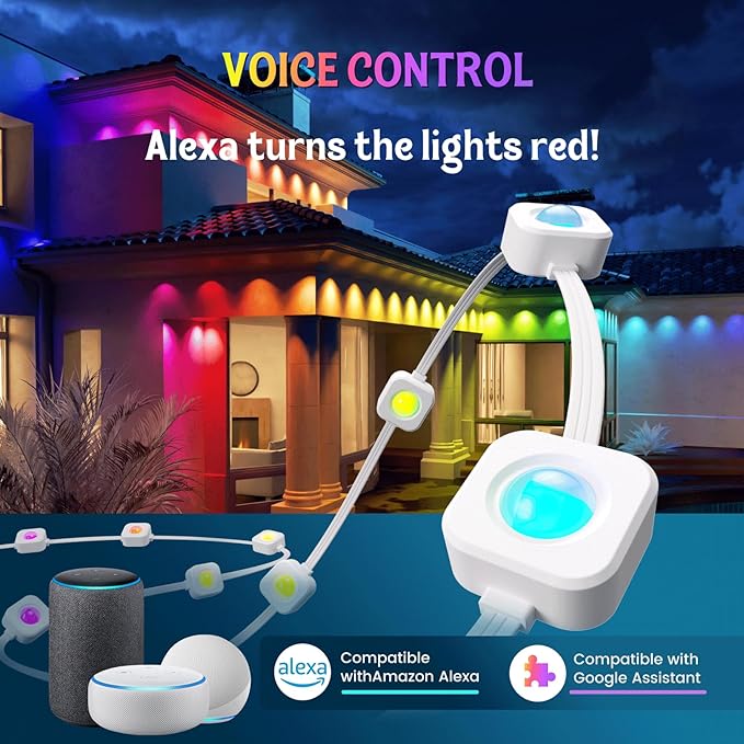 HUTAKUZE Permanent Outdoor Lights, 50ft RGB Outdoor Christmas Lights with 30 LED Light, IP67 Waterproof LED Eaves Light, DIY Scene Modes for Halloween Decor, Smart APP & Remote Control