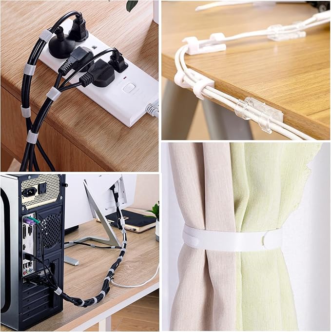 White Cable Management Organizer Kit 4 Cable Sleeve Split,47Cable Clips 12Cord Clips Holder,22 Cable Ties, 20 Adhesive Wall Cable Tie, 200Fasten Cable Ties for TV Electronics