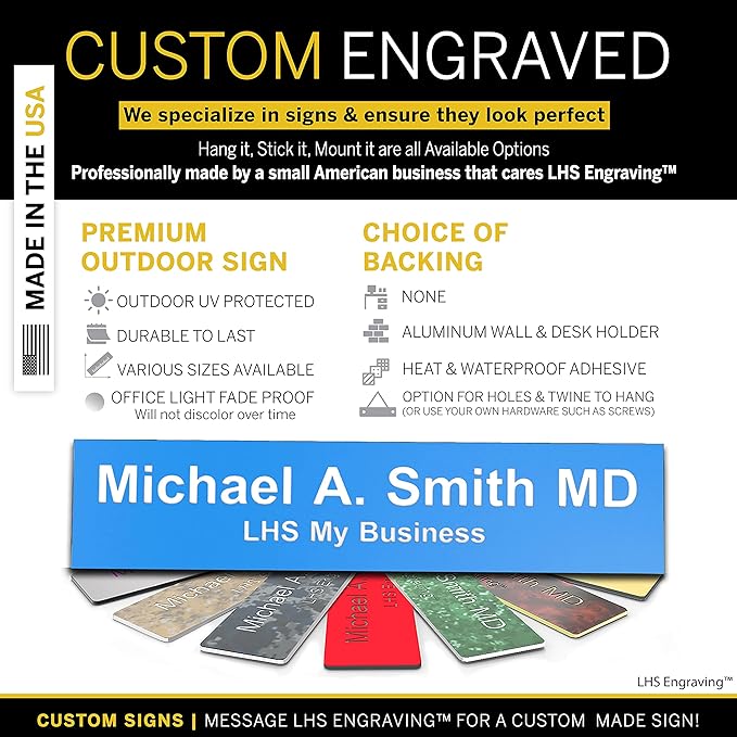 Engraved Name Plates for Door Sign Personalized Light Blue Plastic Plaque with White Letters - Made in USA 2x6 B1