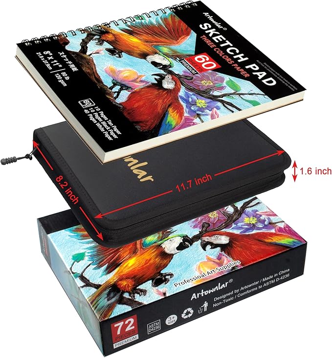 Artownlar 72 Pack Drawing Sketching Set with 8x11 Sketchbook | Pro Art Supplies Kit for Artist Adults Teens Beginner | Graphite Charcoal, Watercolor & Metallic Colored Pencils in Gift Case.