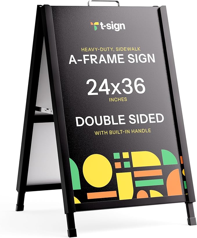 T-SIGN A-Frame Sign for Outdoors, Sidewalk Menu Board 24 X 36 Inch Folding Slide-in Board - Heavy Duty Portable Sandwich Board, Metal Double Sided 2 Corrugated Plastic Poster Boards for Restaurants