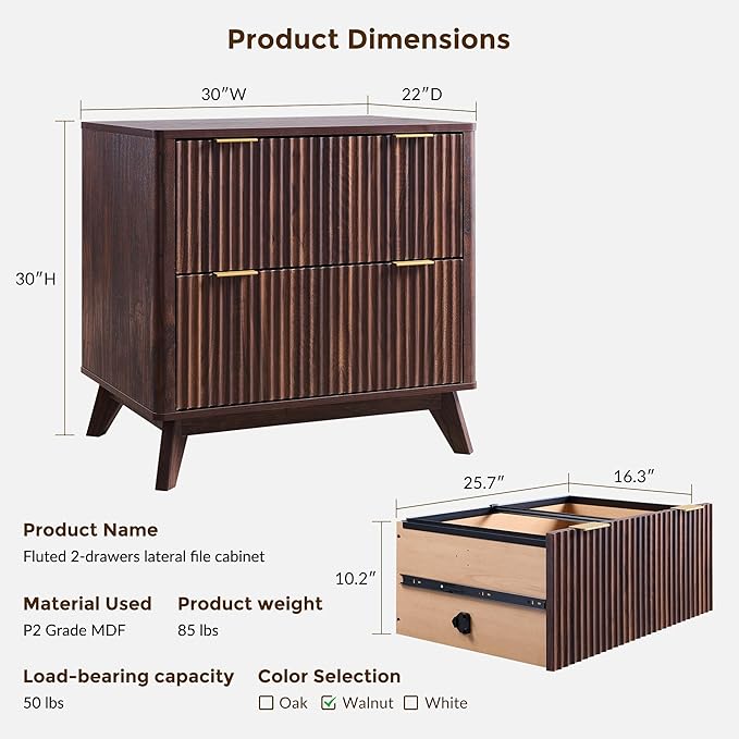 T4TREAM Fluted File Cabinet, 30" Lateral File Cabinet w/Files Hanging Rod for Letter/Legal/A4, Large Tabletop for Printer, Wood Filing Cabinets for Home Office, Walnut