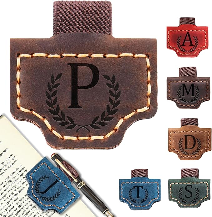 Personalized Bygone Mark Bookmark with Pen Holder, Leather Magnetic Bookmark 26 Letters Name Initial Bookmarks for Readers, Book Lover Gifts for Women Men Notebook Accessories (Coffee, P)