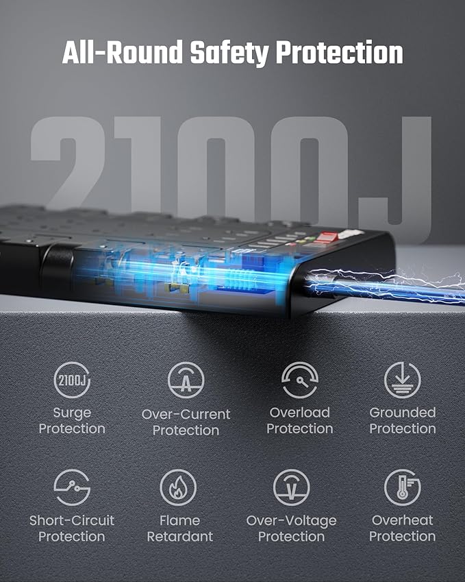 10Ft Power Strip Surge Protector, SUPERDANNY Charging Station 22 Outlets with 45W Type-C Fast Charging USB Ports, 4 USB-A, 2 USB-C, 2100J, 15A/1875W, Flat Plug Extension Cord for Home Office Black