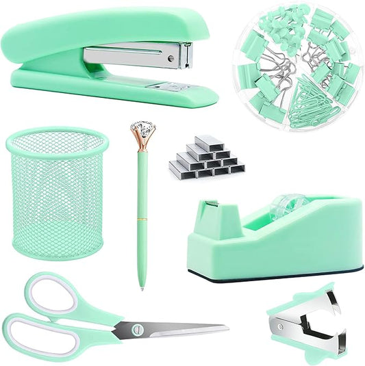 Green Office Supplies, Purple Desk Accessories, Stapler, Staple Remover, Tape Holder, Pen Holder, Ballpoint Pen, Scissor, Binder Clips, Paper Clips and 1000pcs Staples.
