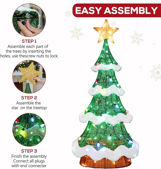 Hykolity 4FT 3D Genuine Outdoor Lighted Christmas Tree, Christmas Tree Yard Decoration with 600 LED Lights, Ground Stakes, Zip Ties