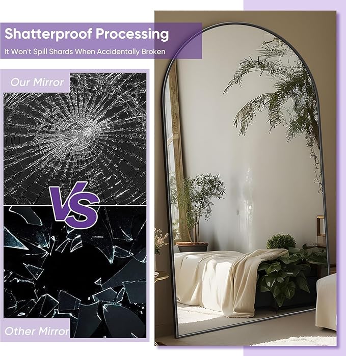 Full Length Mirror, 91"x46" Oversized Floor Mirror Freestanding, Full Body Mirror Floor Standing Mirrors with Stand, Hanging Mounted Mirrors for Bedroom Living Room, Black, Arched Style