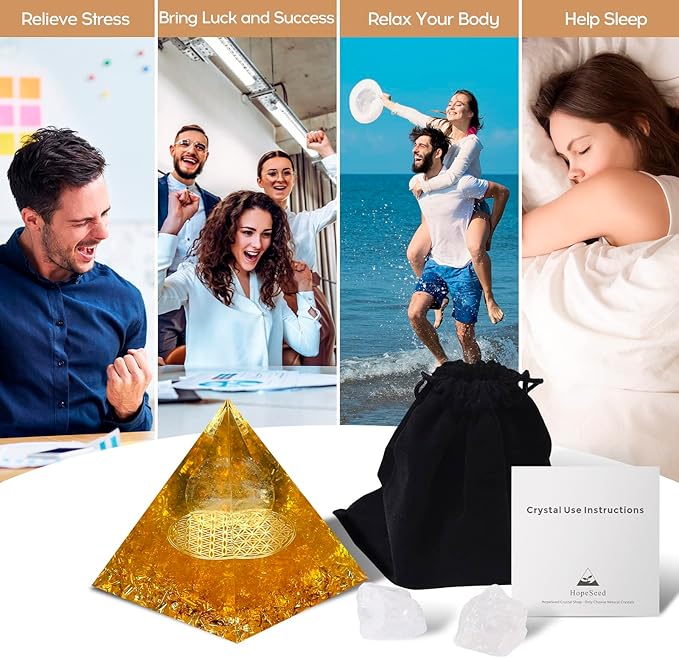 Hopeseed Orgone Crystals Pyramid for Positive Energy Orgonite Citrine Healing Stones and White Crystal Pyramids for Relieves Stress Chakra Healing Meditation Promote Luck, Wealth and Success
