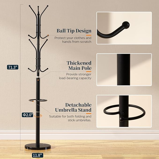 Yoobure Metal Coat Rack Freestanding with Marble Base, Coat Tree with 12 Hooks & Umbrella Holder, Coat Hanger Stand for Corner Entryway Bedroom Office, Heavy Duty Coat Rack Stand for Clothes Hats Bags