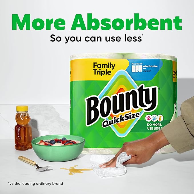 Bounty Quick-Size Paper Towels, White, 8 Family Triple Rolls = 27 Regular Rolls