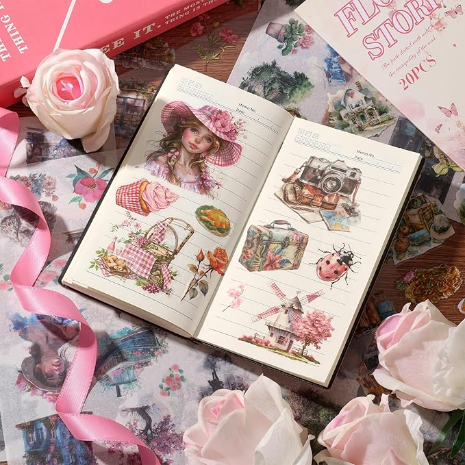 Scrapbook Stickers 20 Sheets 240 Pre-Cut Washi Stickers for Journaling PET Transparent Book Sticker Decorative or DIY Paper Crafts Arts and Crafting Projects