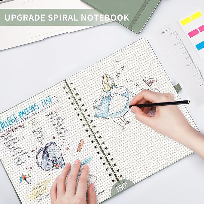 AHGXG Graph Paper Notebook - Spiral Notebook Hardcover Leather Journal 140 Pages, B5 Large Grid Notebook 7.6" x 10", 100 gsm Thick Paper, for School Writing Graphing Engineering Math, Sage Green