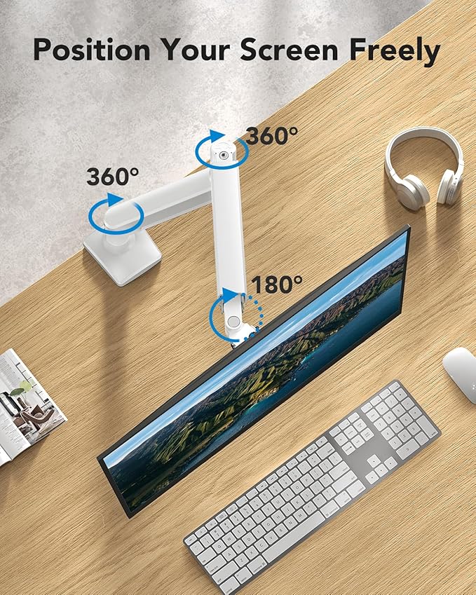 HUANUO Single Monitor Arm 13-34 Inch, Adjustable Gas Spring Arm, Monitor Desk Mount for 4.4-22lbs, VESA 75/100mm with C-Clamp/Grommet Base, Ergonomic Stand for Work/Gaming