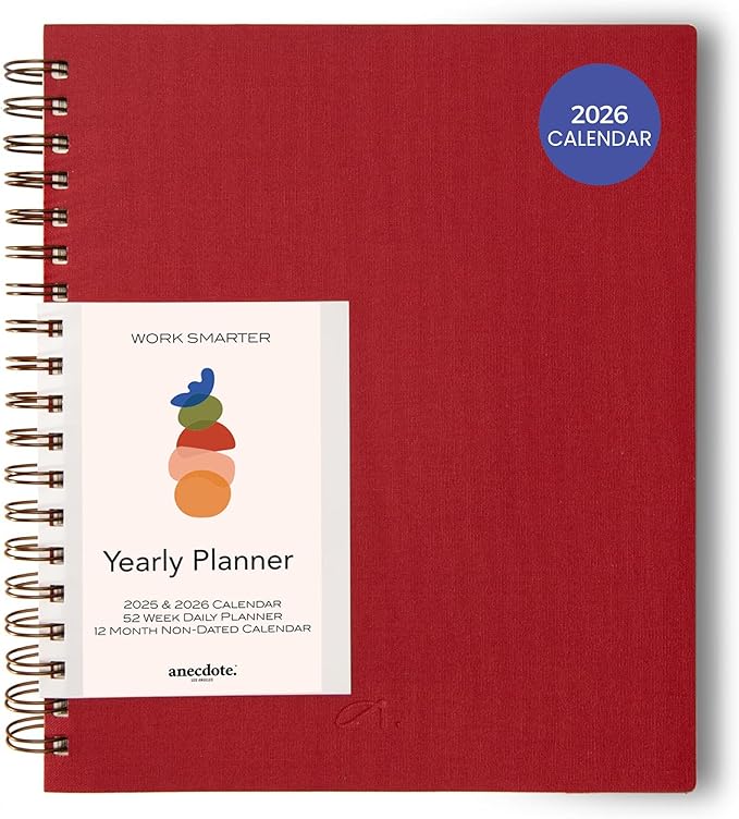 Anecdote 2026 Planner (8.5" x 10") Daily Planner Weekly Monthly Planner - 52 Weeks w/Library Buckram Cover, Brass Spiral - A4 Size Bleed-Resistant Paper – Red