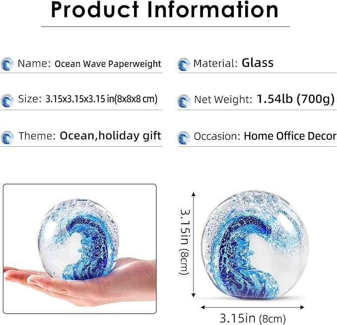 Hand Blown Underwater World of Glass,Office Paperweight Glass for Desk,Home Decor Collectible,Aquarium Decor,Office Decor Ocean Lovers (Ocean Wave)