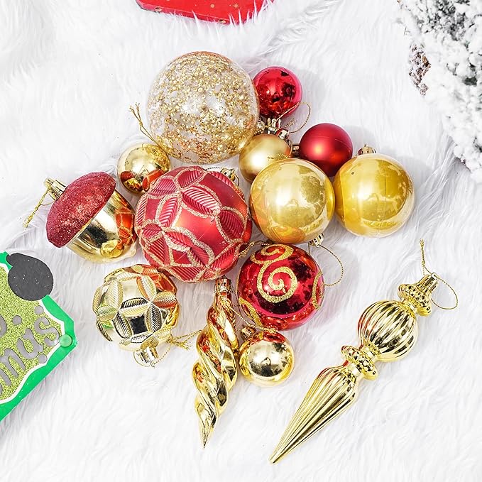 123pcs Christmas Ball Ornaments Set, Shatterproof Plastic Balls for Classic Xmas Decorations, Hanging Ornaments for Christmas Tree, Holiday, Bridal, Home Party, Gold and Red