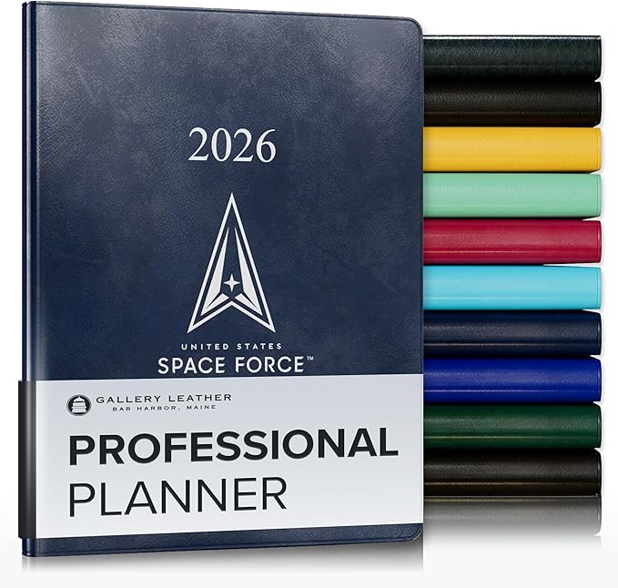 Gallery Leather Professional Weekly Monthly Planner 2026, Elegantly Bound Calendar Planner and Notebook with Stylish Gold-Gilded Page Edges, 12 Months - Acadia Navy - US Space Force - 9 x 7 "