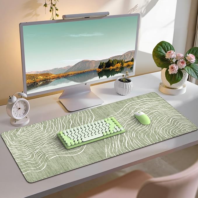 iCasso Desk Cover Mat Green,Extra Large Mouse Pad for Laptop,Anti-Slip Keyboard Pad with Stitched Edges,Cute Girly Computer Mat for Desktop,Aesthetic Desk Protector for Office Home School