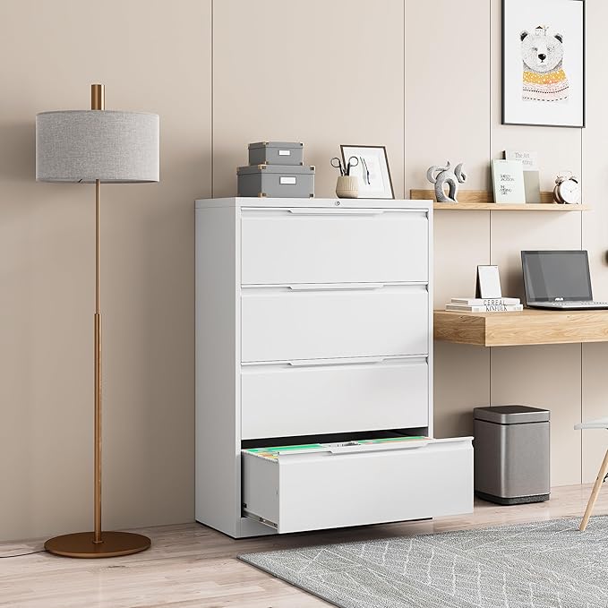 File Cabinet, 4 Drawer Metal File Cabinet with Lock, Lateral File Cabinet for Home and Office, Lateral File Cabinet for A4 Legal/Letter Size, Assembly Required (White, 4 Drawer)