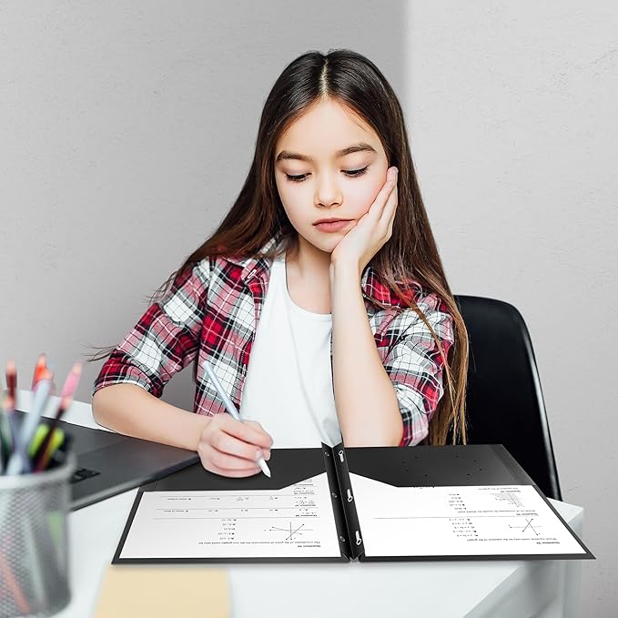 Dunwell Plastic Folders with 3 Prongs, (2 Pack, Black), 2-Pocket Folders with Fasteners, Durable Acid-Free Poly for Long Term Use, Includes Labels