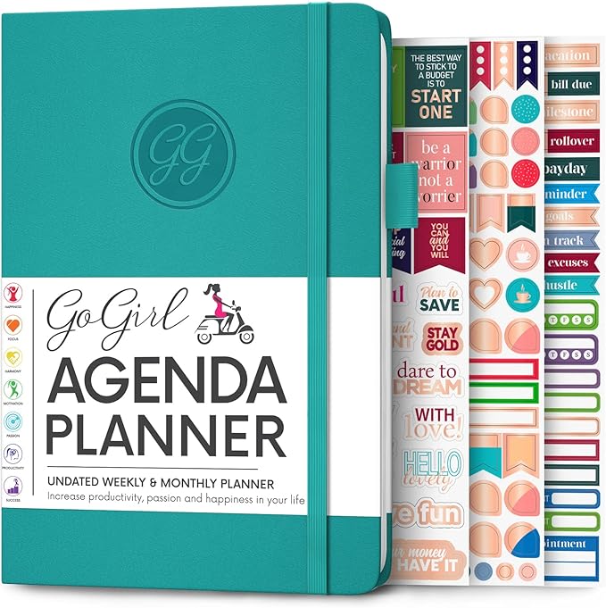 GoGirl Planner Agenda – Colorful Undated Monthly & Weekly Organizer for Women, Journal for Time Management & Productivity (Turquoise)