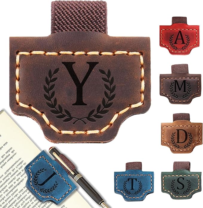 Personalized Bygone Mark Bookmark with Pen Holder, Leather Magnetic Bookmark 26 Letters Name Initial Bookmarks for Readers, Book Lover Gifts for Women Men Notebook Accessories (Coffee, Y)