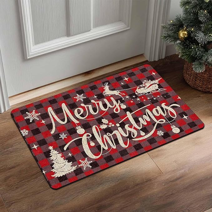 Christmas Front Door Mat Xmas Buffalo Plaid Welcome Doormat Reindeer Santa Claus Floor Mats Outdoor Indoor Area Rug Entry Doormat for Bedroom Living Room Kitchen Nursery, 18" x 30"Inch