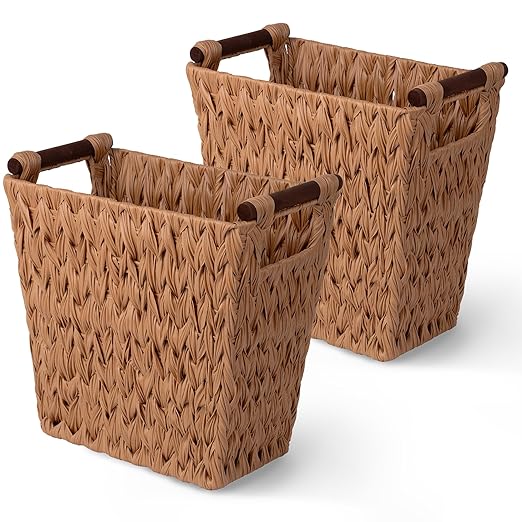 GRANNY SAYS Bathroom Wastebasket, Caramel Orange Woven Trash Can with Handles, Waterproof Wicker Waste Basket for Office, 2-Pack, 13" x 7 ½" x 12 ½"