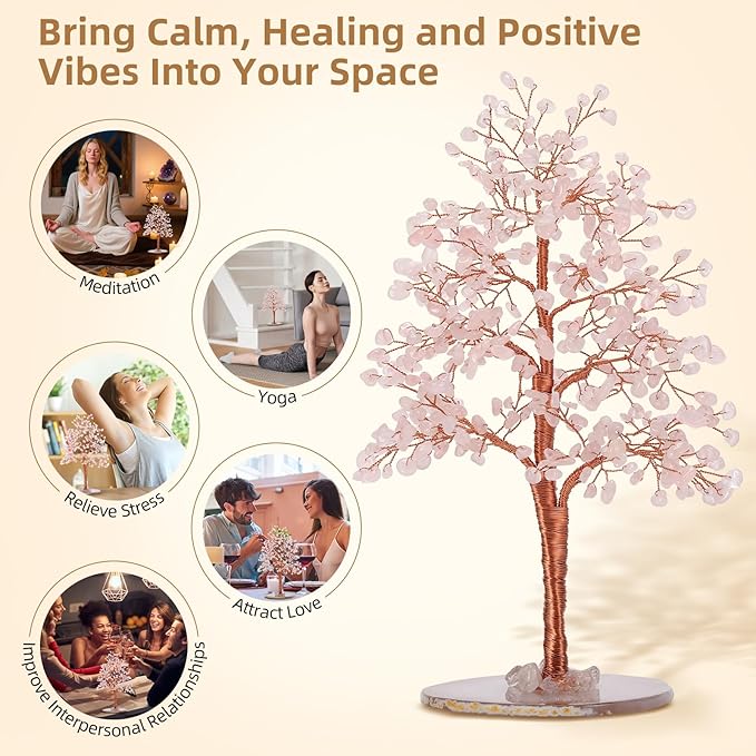 Hopeseed Rose Quartz Chakra Crystal Tree of Life Handmade Bonsai Healing Crystals Tree for Home, Desk, Living Room, Office Decor for Positive Energy, Good Luck Birthday Gift for Women, Mom, Men