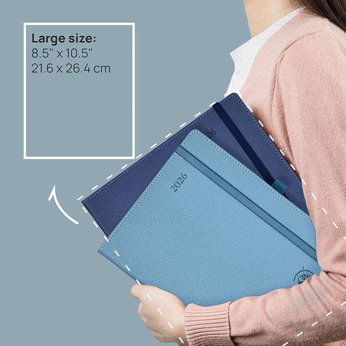 POPRUN 2026 Weekly & Monthly Planner Calendar, 8.5" x 10.5" Large, Horizontal Layout with Lined Sections, Jan. 2026 - Dec. 2026, Leather Hardcover, 100GSM Paper, Inner Pocket - Aquamarine