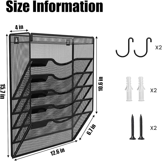 6 Tier Wall File Organizer Hanging Vertical File Organizer, Wall Mounted Mail Paper Document Folder Holder, Mesh Magazine Rack Mail Document Organizer for Office School Home(Black)