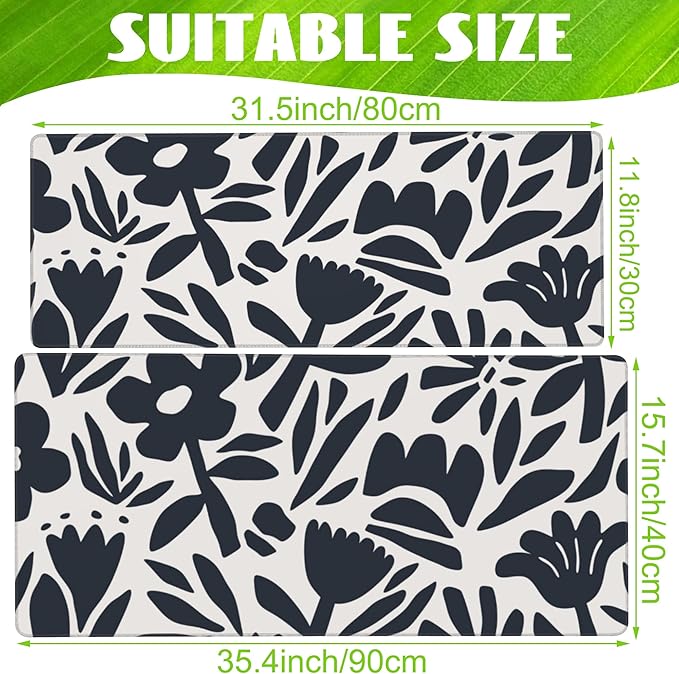 Desk Pad, Hand Drawn Leaves and Flowers Desk Mat, Abstract Plant Large Gaming Mouse Pad with Non-Slip Base and Stitched Edge, 31.5"x11.8"