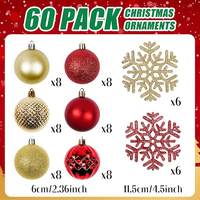 Christmas Tree Decorations Ornament Set, 60ct 2.36 Inches Red and Gold Shatterproof Christmas Ball Ornaments, Hanging Ball for Xmas Holiday Wedding Party Decor