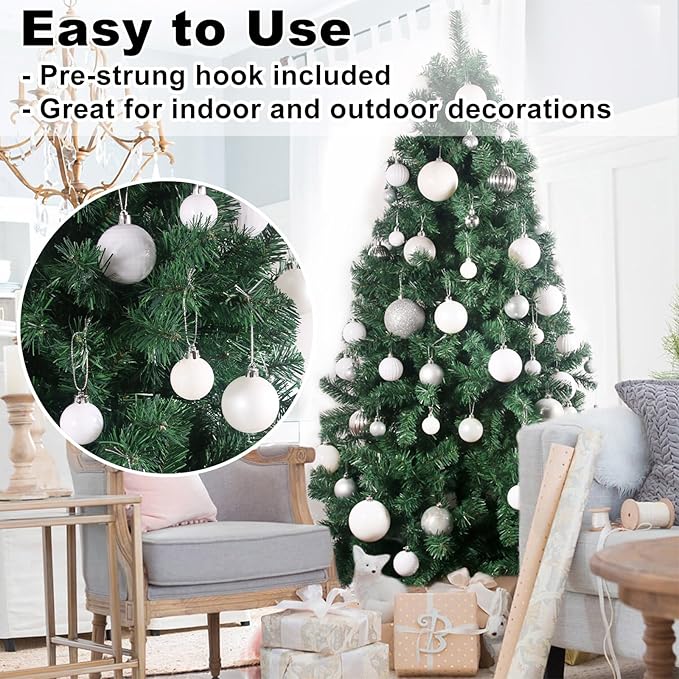 White 2.5" Christmas Balls Christmas Tree Decoration Ornaments Shatterproof Hanging Balls for Birthday Halloween Holiday Wedding Decorations Set of 24pcs