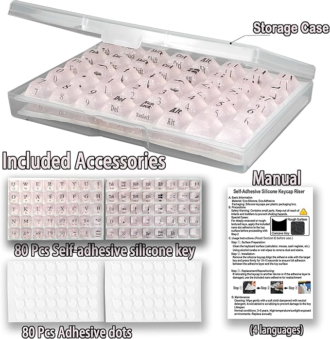 80 Pcs PC Keyboard Stickers for Long Nails Typing and Gaming, Anti-Damage Symbolic and Alphanumeric Keys for Nail-Art (Sparkly Pink)