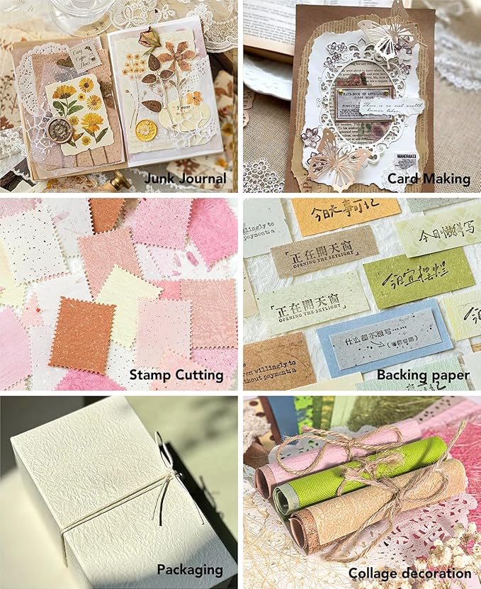 108 Sheets Unique Textured Scrapbook Paper and Mesh Fabric Set - 9 Pack No Repeat Special Paper Assorted Mixed for Scrapbooking Planner Junk Journal Supplies Media Collage Card 3.9x5.5 Inch