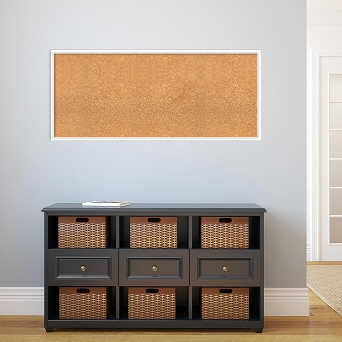 Amanti Art Natural Cork Board for Wall, 21x49 Vision Board with White Frame, Oversize Corkboard Office Decor for Home Organization, Modern Corkboard Pinboard to Display Items for Home Organization in