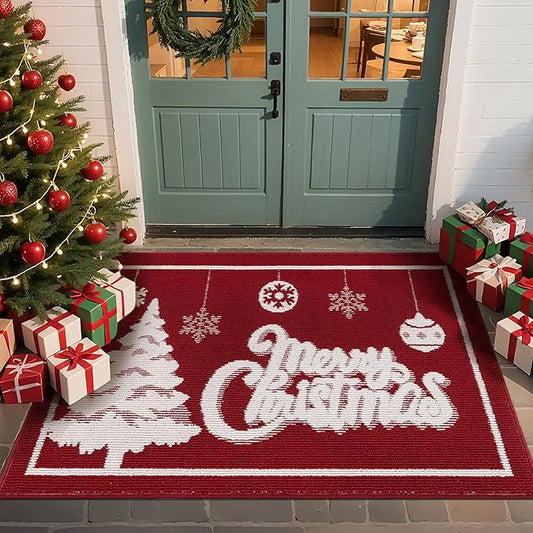 Christmas Doormat with Non Slip, Loop Pile Red and White Indoor Christmas Welcome Mat with Absorbent & Dirt-Trapping, Outdoor Christmas Tree Door Mat Front Porch Decor 32x48 Inch