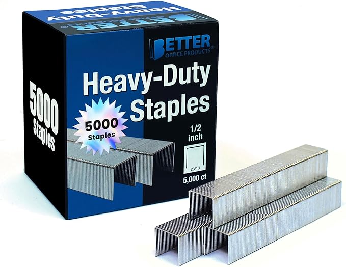 Better Office Products 5,000 Count Heavy Duty Staples, 23/13, 1/2-inch Staples, 100/Strip, Chisel Point Tips, High Capacity,