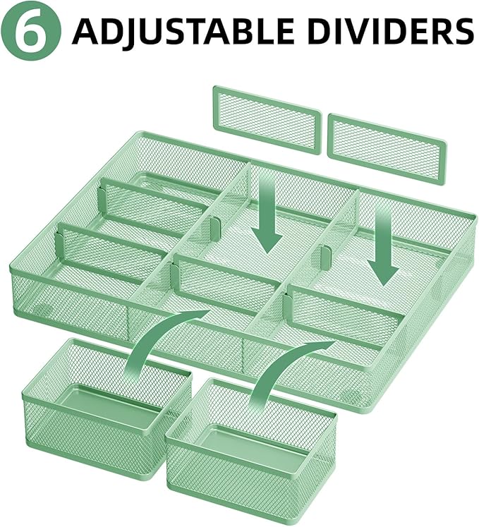 Marbrasse 3 Packs Desk Drawer Organizers, Metal Mesh Dividers with 9 Adjustable Compartments, Pen Organizer for Drawer Tray Box Accessories for Desktop,Kitchen, Makeup(Green)